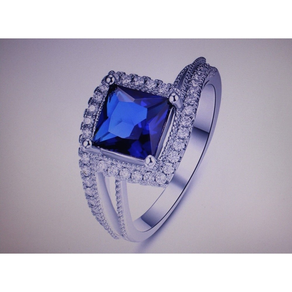 Cubic Zirconia Statement Ring Blue Stone Silver Band Sz 7 Coctail NWT